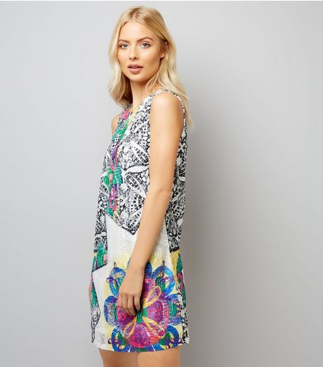 Blue Vanilla White Geometric Floral Print Lace Dress | New Look