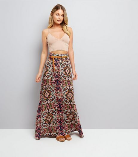 Apricot Navy Paisley Print Belted Maxi Skirt | New Look