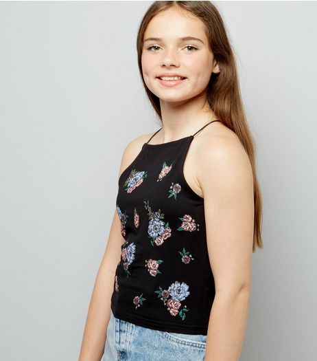 Teens Black Floral Puff Print Cami Top | New Look