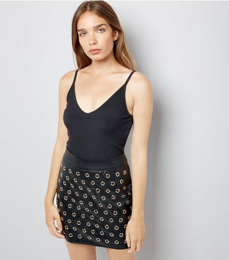 Parisian Black Eyelet Leather-Look Mini Skirt | New Look