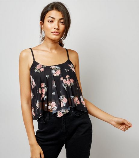 Black Floral Hanky Hem Cami | New Look
