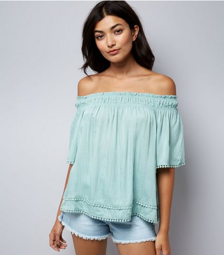 Apricot Mint Green Lace Trim Bardot Neck Top | New Look