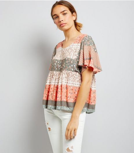 Apricot Coral Floral Print Flutter Sleeve Top | New Look