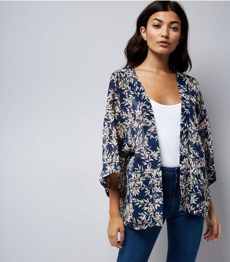 Apricot Navy Leaf Print Kimono | New Look