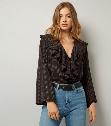 Cameo Rose Black Polka Dot Frill Front Blouse | New Look