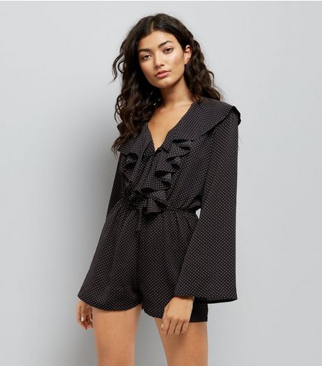 Cameo Rose Black Polka Dot Frill Playsuit | New Look
