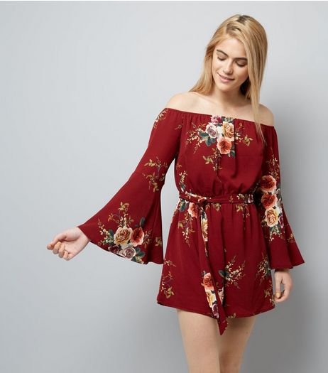 Parisian Burgundy Floral Print Bardot Neck Playsuit | New Look