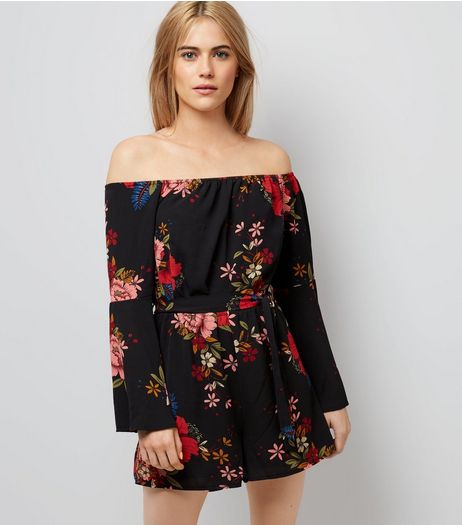 Parisian Black Floral Print Bell Sleeve Playsuit | New Look