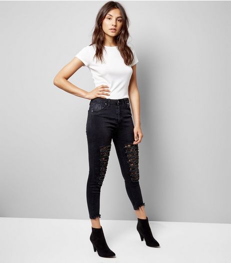 Black Ripped Lace Patch Skinny Jeans | New Look