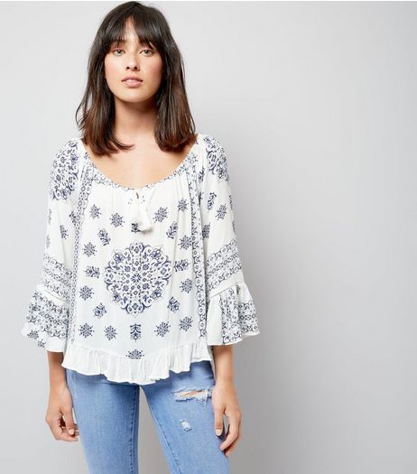Blue Vanilla White Floral Print Tassel Front Top | New Look