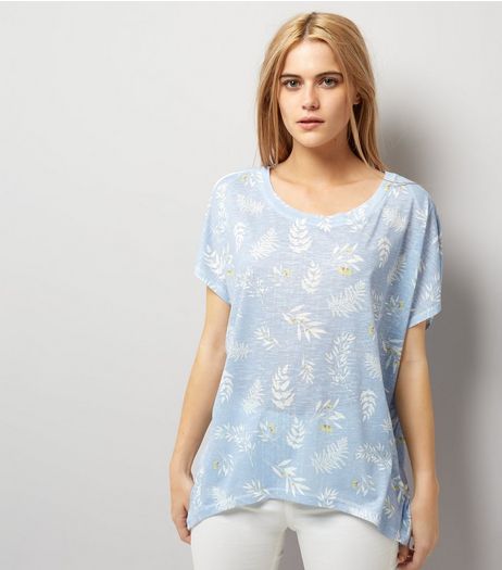 Blue Vanilla Pale Blue Diamante Leaf T-Shirt | New Look