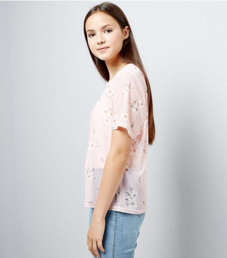Teens Pink Floral Print Mesh T-Shirt | New Look