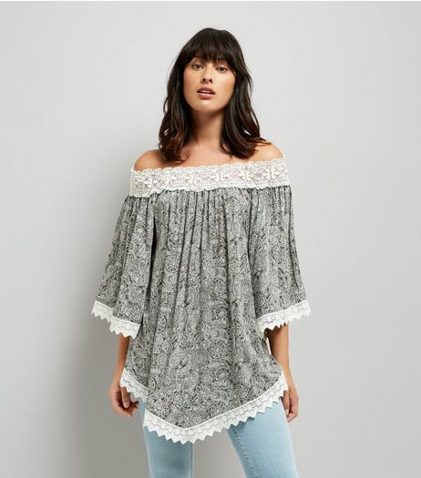Apricot Black Paisley Print Crochet Bardot Neck Top | New Look