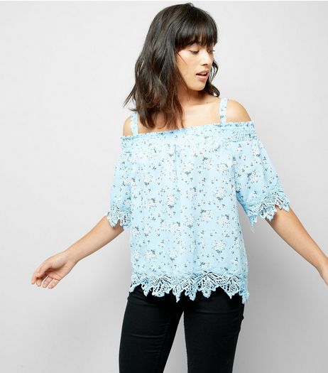 Cameo Rose Pale Blue Floral Print Cold Shoulder Top | New Look