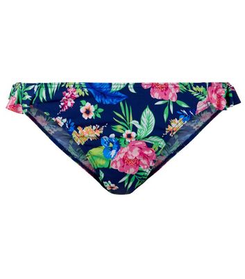 Navy Tropical Print Frill Cheeky Bikini Bottoms | New Look