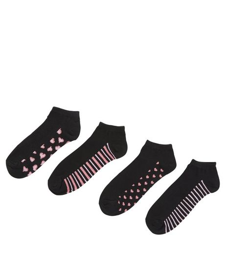 4 Pack Black Heart Stripe Print Trainer Socks | New Look