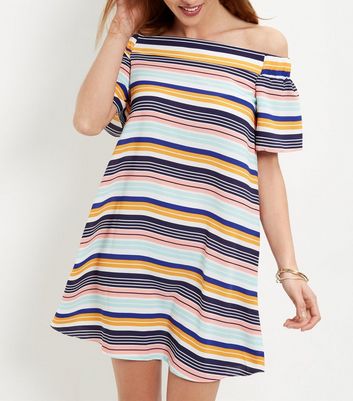 White Stripe Bardot Neck Dress | New Look
