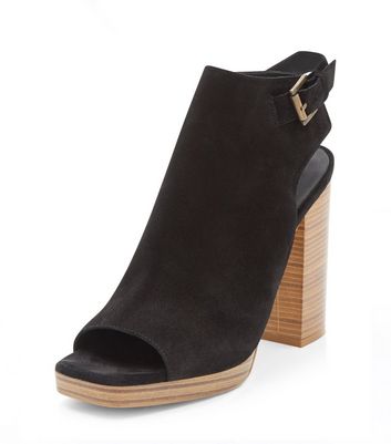 Black Leather Sling Back Peep Toe Block Heel Boots | New Look