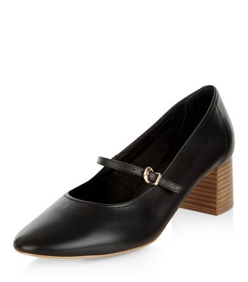 Black Premium Leather Block Heel Court Shoes | New Look