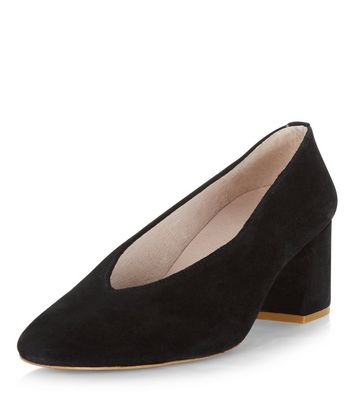 Black Premium Leather Flared Court Shoes | New Look