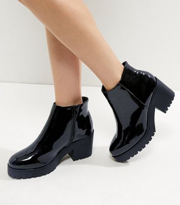 Wide Fit Black Patent Zip Side Chunky Boots | New Look