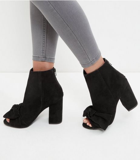 Black Premium Leather Bow Peep Toe Block Heel Boots | New Look