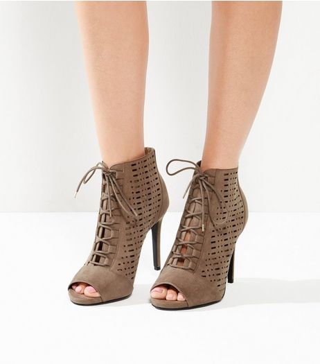 Wide Fit Brown Suedette Laser Cut Out High Heels | New Look