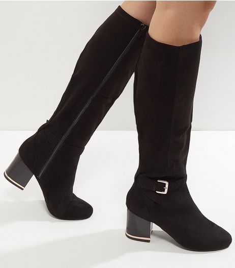 Wide Fit Black Suedette Metal Trim Knee High Boots | New Look