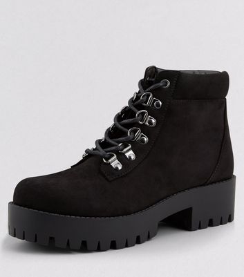 Teens Black Suedette Eyelet Chunky Cleated Sole Ankle Boots | New Look